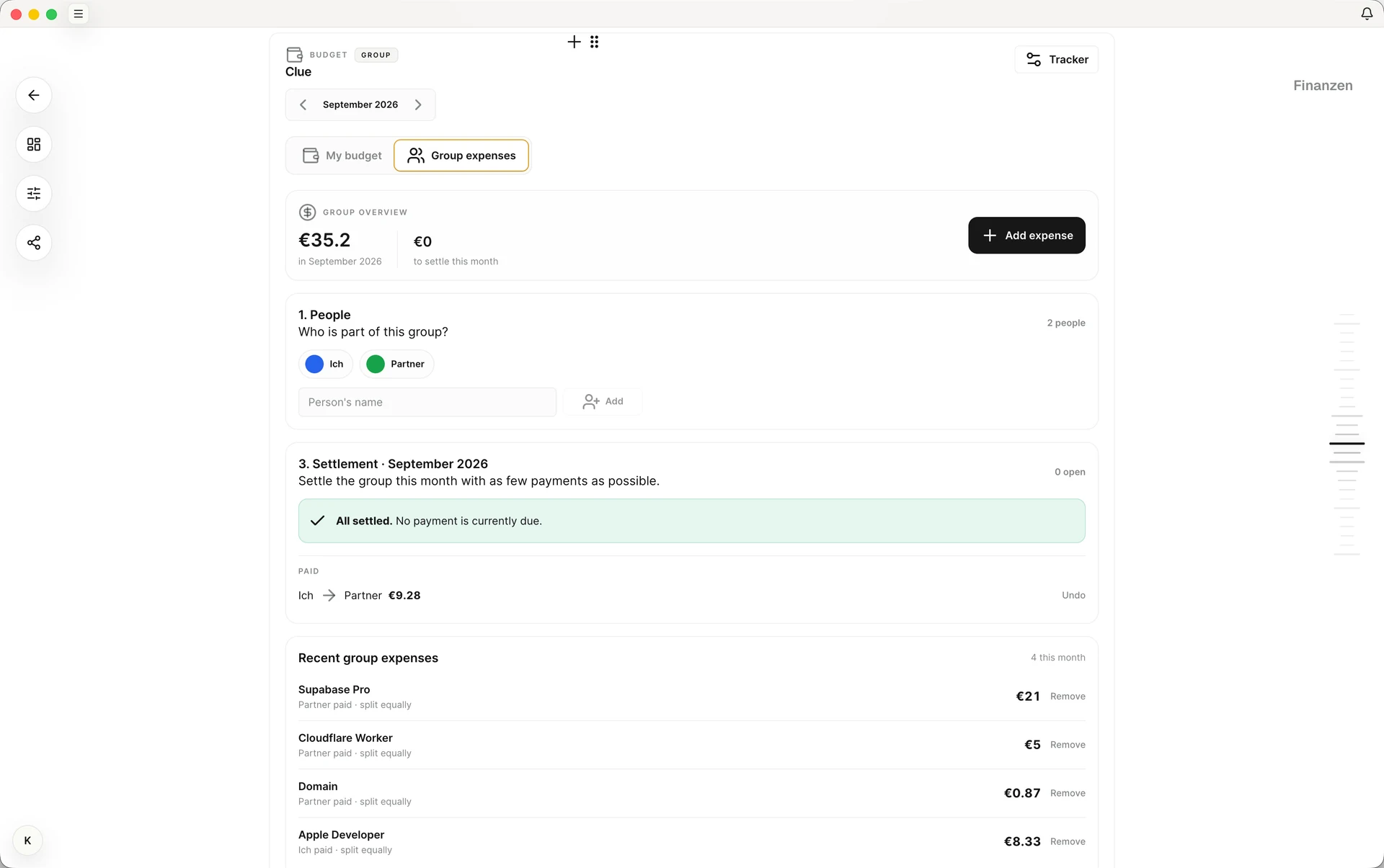 Group budget with people, shared costs, and settlement status