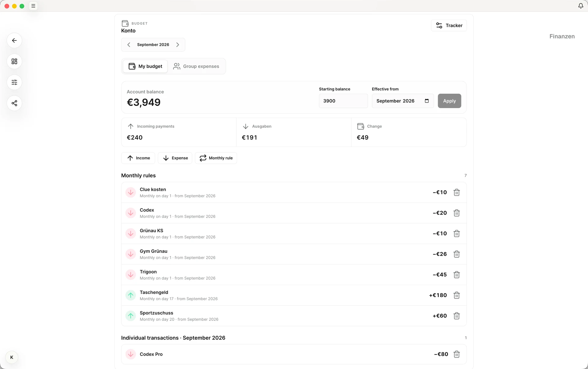 Personal budget with account balance, incoming payments, expenses, and monthly rules