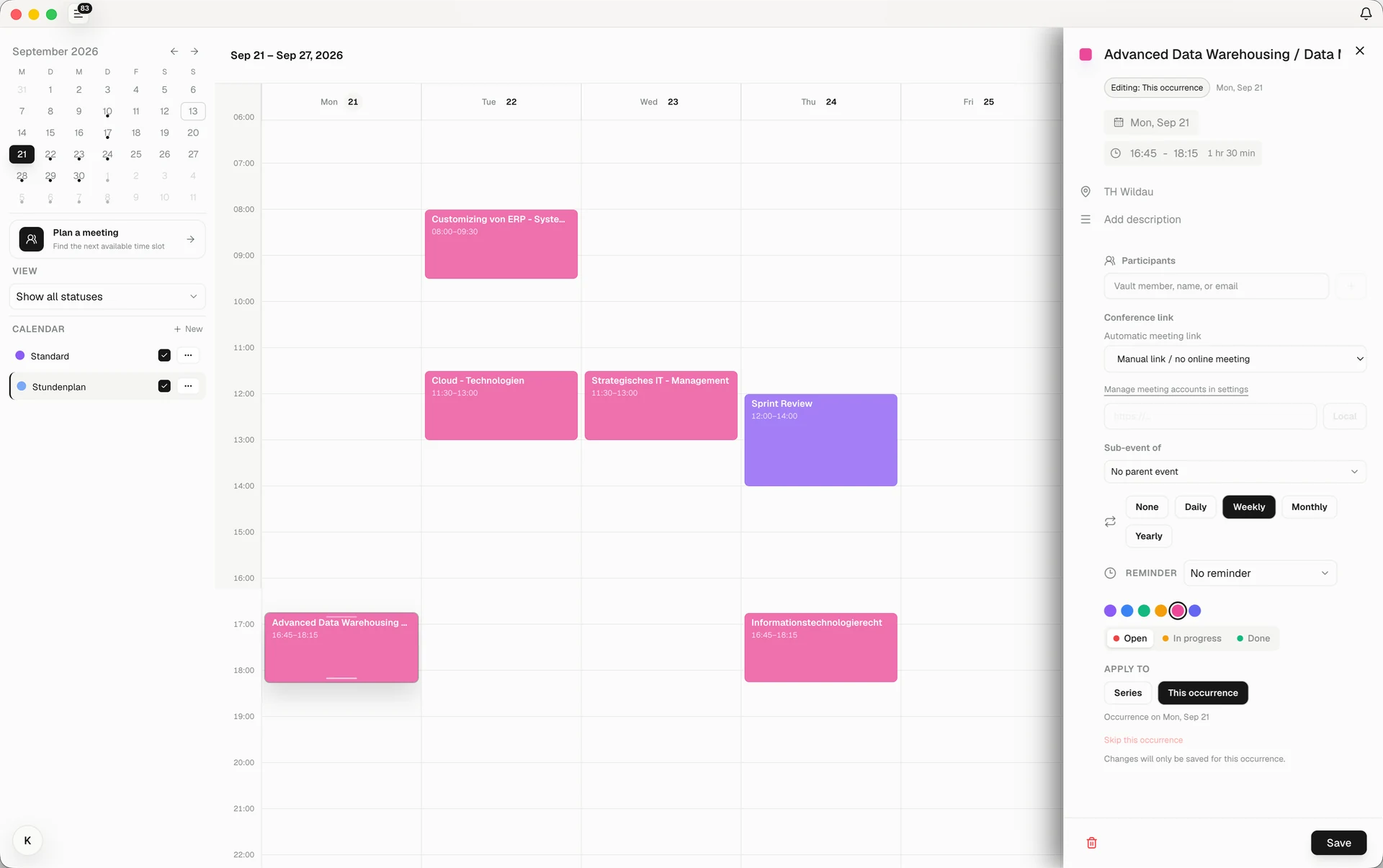 Event details showing date, time, location, participants, recurrence, and reminder options