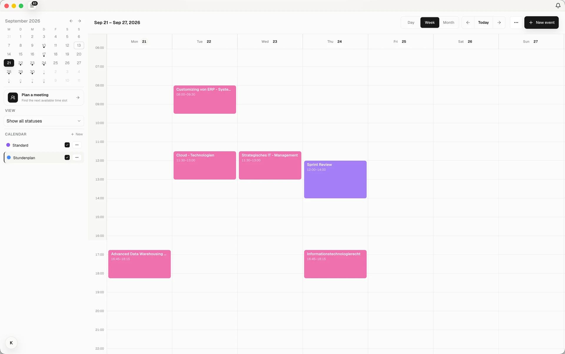Clue calendar detail showing Monday through Wednesday, weekday headings, time labels, and lectures