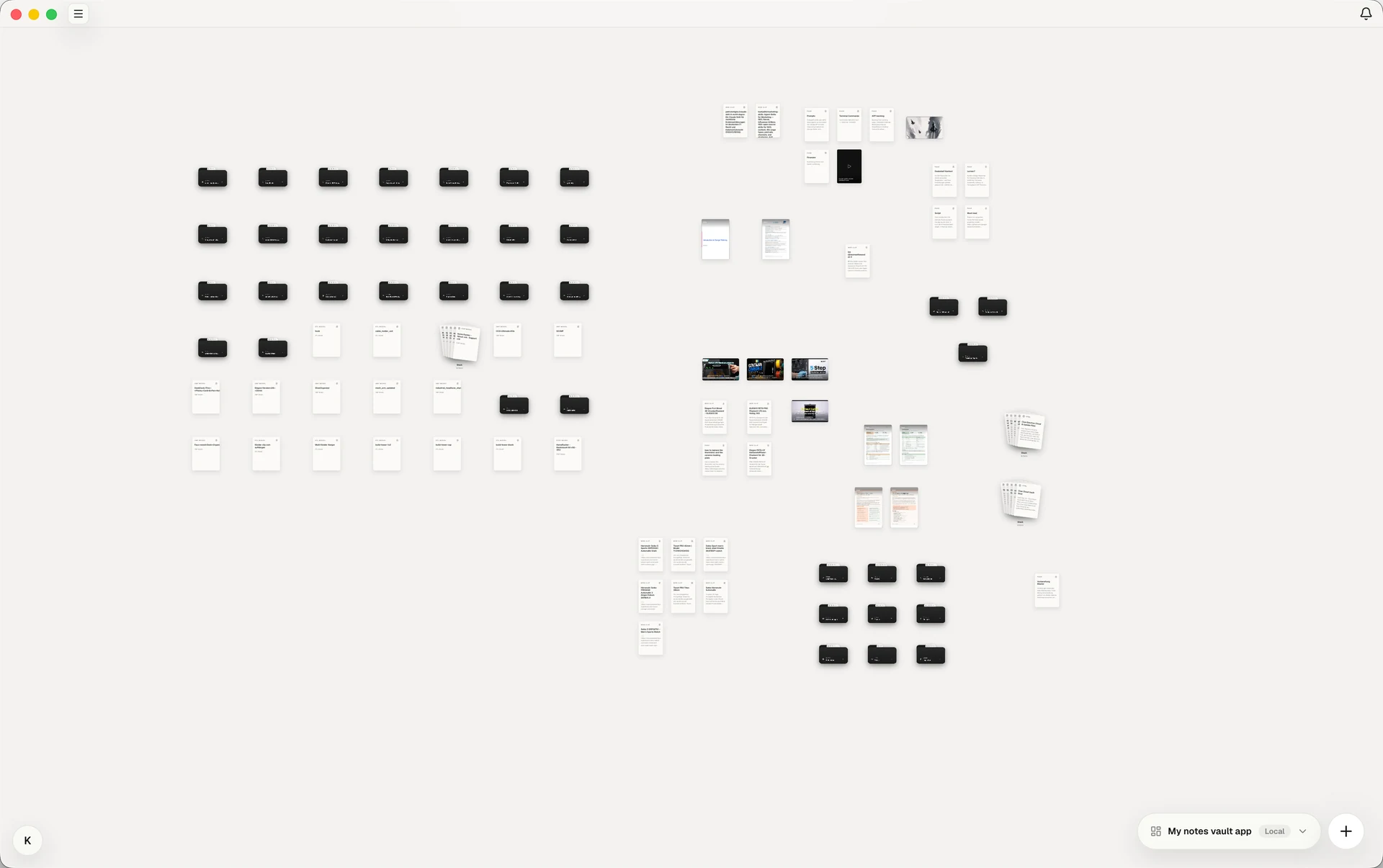 Clue workspace with pages, folders, files, and stacks arranged in groups
