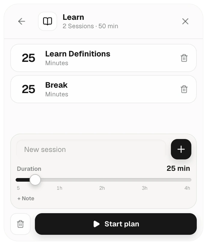 Complete Learn plan window with study and break sessions and the Start plan button