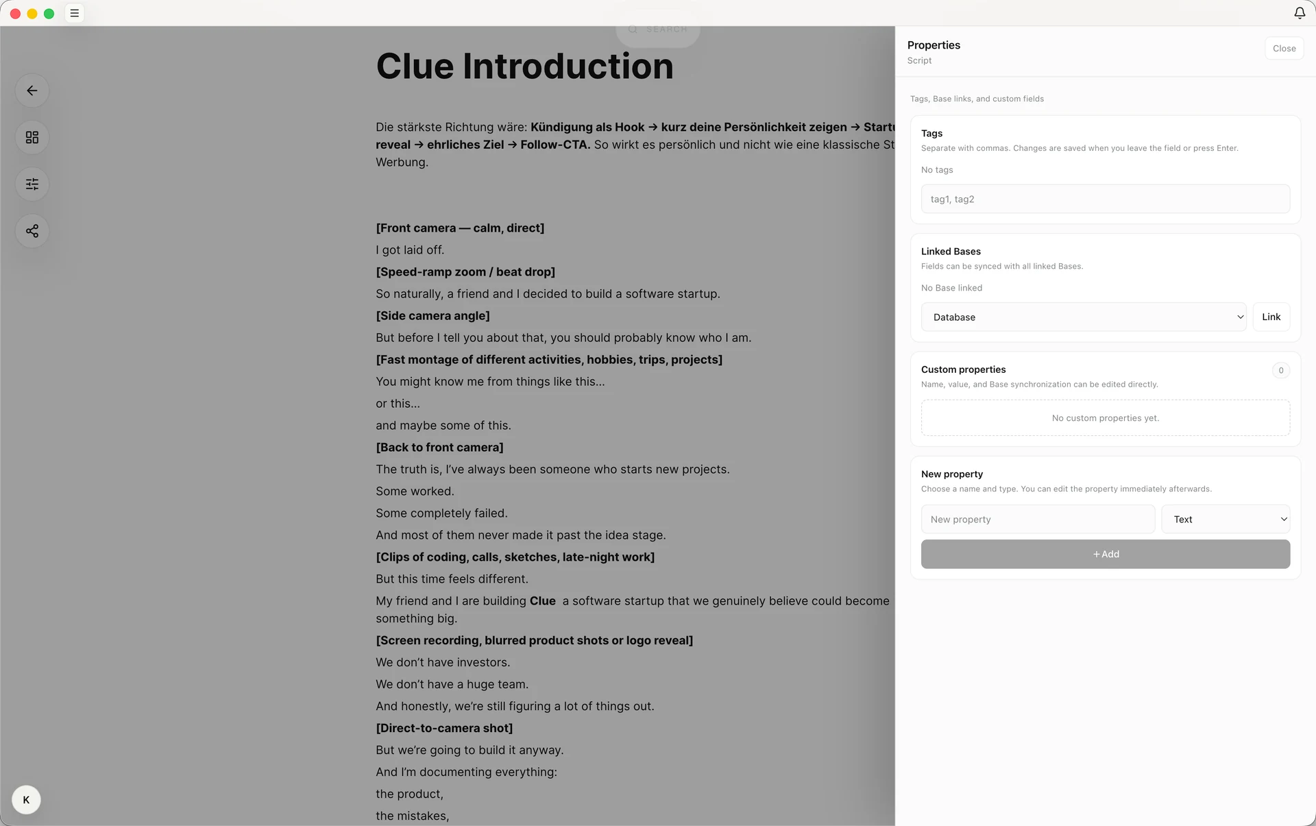 Page properties panel with tags, linked Bases, and custom property fields