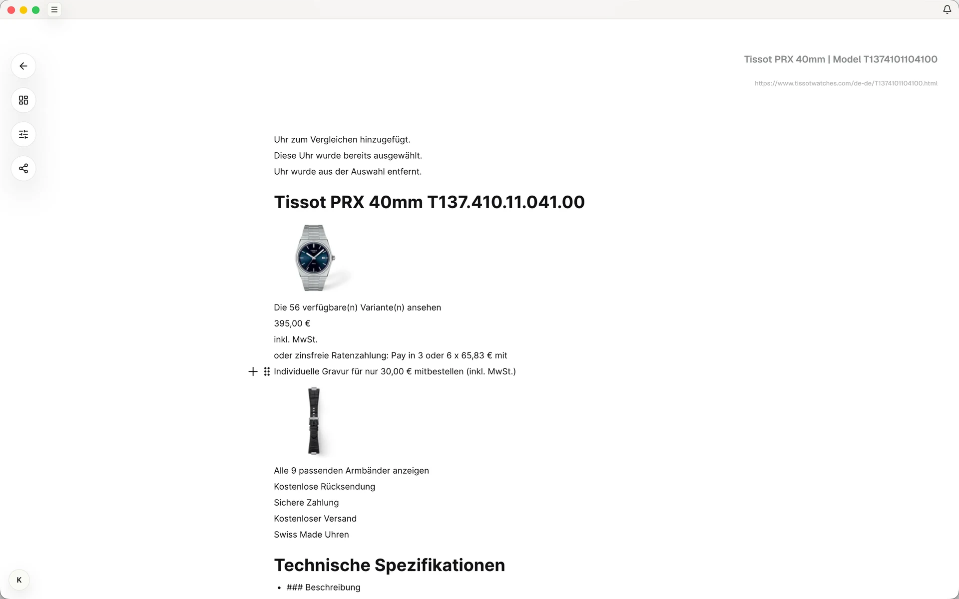 Saved watch web clip with its product heading, image, and text