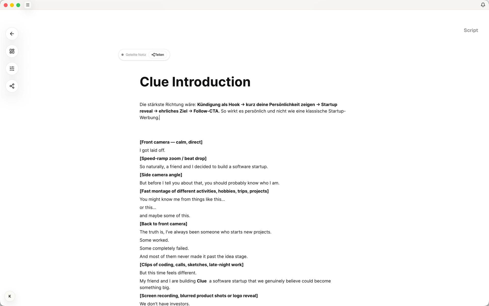 Clue page editor with the Clue Introduction document, headings, formatted text, and sharing controls